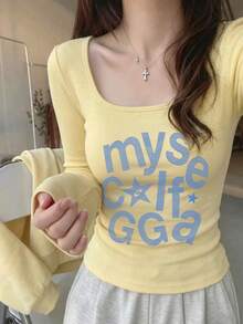 New Spring/Autumn Short Long Sleeve T-Shirt For Women, Y2K Generation Fun Design Print, Korean Style U-Neck Versatile Casual Slim Fit Top - Yellow - View 4