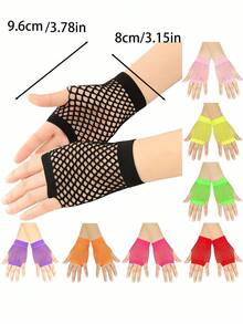 Women's Short Thumb Hole Fishnet Mesh Gloves, Neon Grid Decor Party Gloves, Sexy Elastic Mesh Design, Multi-Color Multi-Style, Suitable For Nightclub, Punk Style Events And Party Essential - Multicolor - View 10