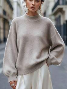 Women's Fall Winter Oatmeal Heathered Soft Cozy Fuzzy Knit Mock Neck Lantern Sleeve Sweater, Oversized Slouchy Casual Daily Office Work Commute Wear - Oatmeal Color - View 2