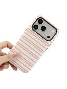 1pc Cream Pink Vertical Stripe Pattern 2 In 1 Film Phone Case,Compatible With IPhone 18 Pro Max 17 Pro Max 16 Pro Max 15 Pro Max 14 Pro Max & 11/12/13/14/15/16/17/18 Pro/Plus - Pink - View 2