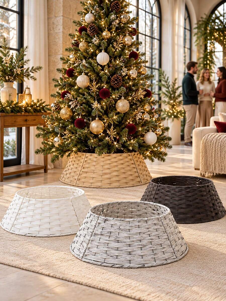 1 Set Black/Grey/Khaki/White Handmade Woven Christmas Tree Collar, Oversized Christmas Tree Decorative Base Cover, Suitable For Holiday Decor, Theme Party And Home Decoration, Ideal Choice For Christmas Decoration