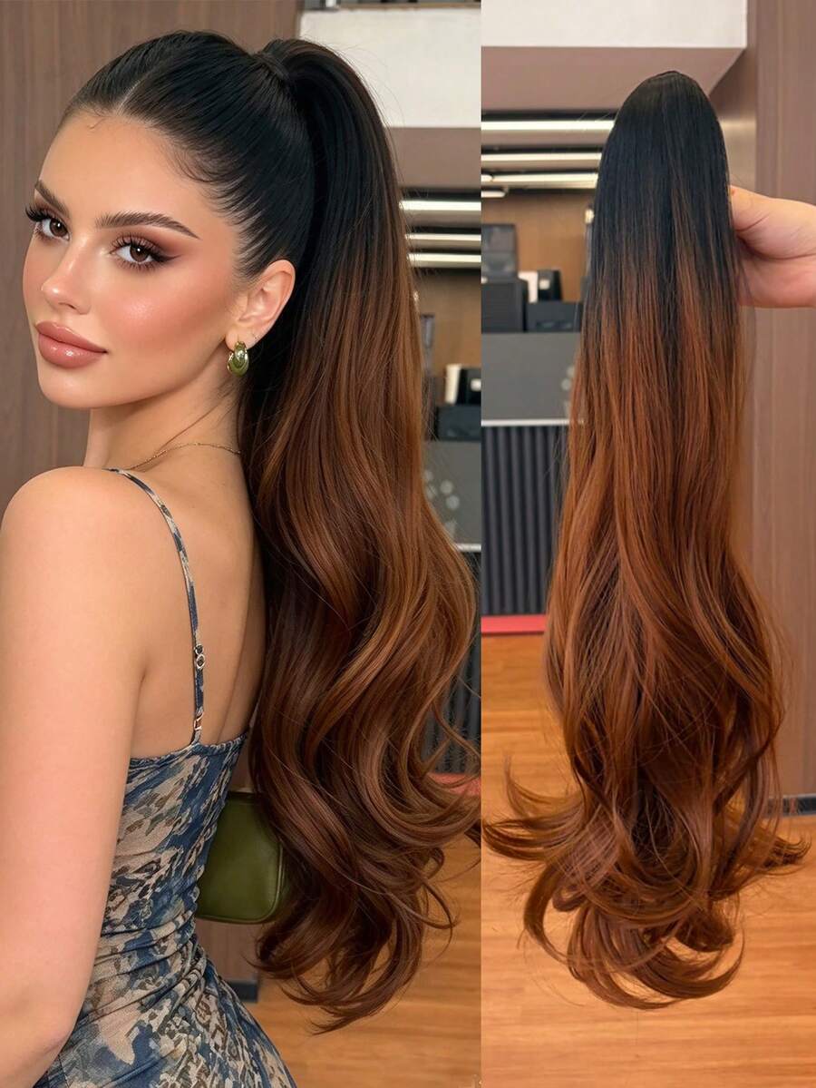 22/24/32 Inch Ombre Brown Hair Extension Synthetic 16Inch Straight Claw Clip Ponytail Hair Extension Natural Waterfall High Pony Tail Hairpiece For Daily Use - Brown Ombre - View 1