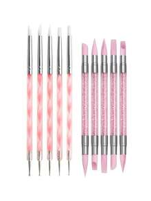 10 Pcs Nail Art Silicone Pen Set, Pink Glitter Handle Double Ended Nail Carving And Dotting Tools - Pink - View 1