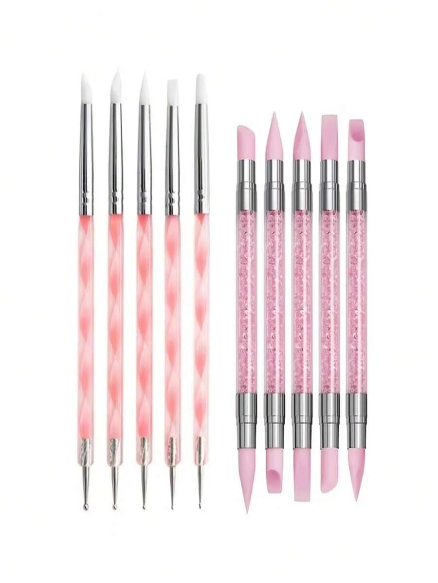 10 Pcs Nail Art Silicone Pen Set, Pink Glitter Handle Double Ended Nail Carving And Dotting Tools - Pink - View 1