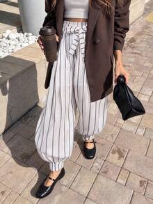 Vuslat Women's Autumn Commuting Striped Lace Up Linen Lantern Pants, Suitable For Vacation, Office Wear, Country Music Festivals, Christmas, New Year - Multicolor - View 8