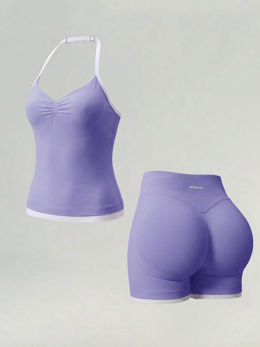 UONNOU Women Halter Ruched Crop Top & High Waist Peach Butt Lifting Seamless Shorts, Slim Fit Active Set