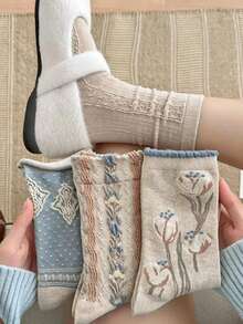 4Pairs Women's Vintage Floral Jacquard Mid-Calf Socks, Retro Textured Slouch Socks, Highly Attractive Casual Style Socks - Multicolor - View 7