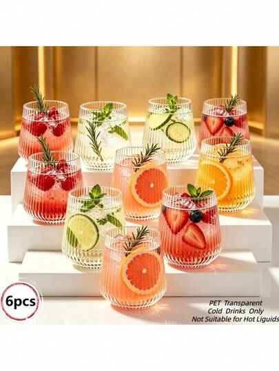 6/4/1pc Transparent Vertical Stripe Thickened Party Cups, Cold Drink Cups, PET Plastic Material, Heavy Duty Thickened Water Cups, Juice Cups, Suitable For Iced Coffee, Juice, Wedding Banquet, BBQ Camping, Christmas, Family Gathering, Outdoor Party And Various Holiday Party Use