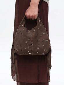 Retro-Style Coffee Suedette PU Crescent-Shaped Handbag With Metal Rivet ...