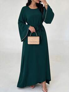 1pc Nida Fashion Minimalist Elegant Solid Color Beaded Cuff Muslim Abaya Dress, Essential For Daily Wear, Convenient And Lightweight - Multicolor - View 3