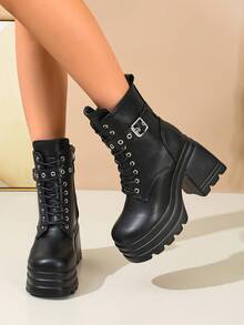 Women's Fashion Belt Buckle Side Zipper Metal Eyelet Ankle Boots - Black - View 5