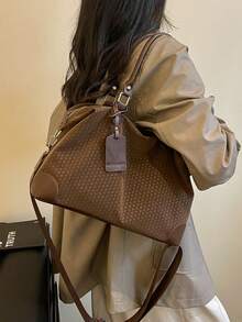 New Coffee Brown PU Fabric Woven Embossed Pattern Fashion Casual Large Capacity Women's Tote Bag Suitable For Fitness, Shopping, Short Trips - Coffee Brown - View 3