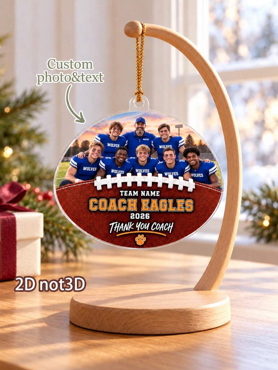 1pc Personalized Football Photo Christmas Ornament,Custom Text & Team Picture Xmas Tree Hanging Decor,Thank You Keepsake Gift, American Football Souvenir, Season Memory Keepsake, Holiday Wall & Tree Hanging Decoration For Football Mentor - Multicolor - View 1