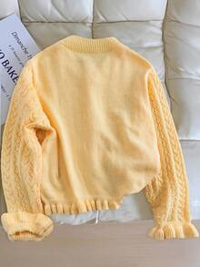 Sweater Kardigan Rajut Kasual Serbaguna Ukuran Besar Warna Polos dengan Kancing dan Manset Berkerut - Kuning - View 7