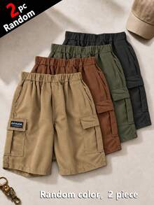 [2pcs Acak] 2pcs Celana Pendek Kargo Kasual Musim Panas untuk Remaja Laki-laki, Olahraga Luar Ruangan, Saku, Modis, Label Tenun Inggris, Musim Semi/Musim Gugur - Khaki - View 10
