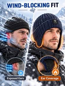 Unisex Fleece Lined Earflap Knit Beanie, Thick Ribbed Winter Windproof Warm Folded Skull Cap, Suitable For Outdoor Sports - Multicolor - View 5