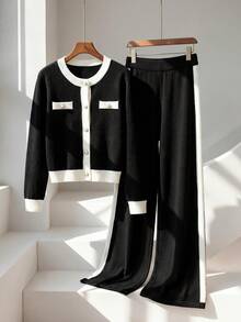 Girls 2pcs Elegant Knit Sweater Set, Contrast Color Round Neck Button Cardigan + Side Stripe Knit Pants, Autumn Campus Style Daily Outfit For Girls - Black - View 1