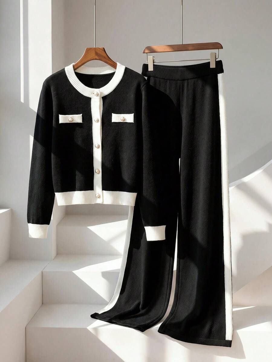 Girls 2pcs Elegant Knit Sweater Set, Contrast Color Round Neck Button Cardigan + Side Stripe Knit Pants, Autumn Campus Style Daily Outfit For Girls - Black - View 1