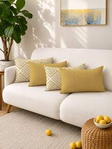 4pcs,Geometric Pattern,Home Decor,Gift,Hypoallergenic Polyester Fiber Material,Hidden Zipper,No Filling,Suitable For Home Decor,Living Room Decor,Pillowcase,Cushion Cover,Sofa Decorative Cushion,Mat Cover,Soft Cushion. - Butter Yellow - View 2