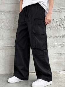HEYKESON Men's Multi-Zipper Cargo Wide Leg Pants With Drawstring Elastic Waist, Large Flap Pockets, Loose Street Casual Trousers - Black - View 3