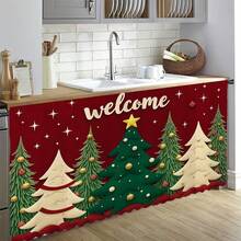 1pc Christmas Series Welcome Christmas Tree Pattern Printed Polyester Short Velvet Table Skirt, Kitchen Cabinet Cover Curtain, Easy To Hang, Ideal For Home Decor, Suitable For Kitchen Cabinets, Laundry Cabinets, Storage Cabinets, Etc., Can Be Used As Window Short Curtain Valance - Multicolor - View 5