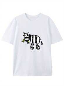 Hand-Painted Zebra, Creative Pattern Crewneck T-Shirt, Pure Summer  Fashion Short Sleeve, Casual Daily Style Top - White - View 2