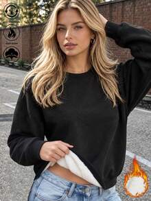 Women's Thick Fleece Lined Crew Neck Sweatshirt, Casual Solid Black Long Sleeve Winter Pullover - Black - View 1