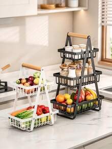 2/3 Tier Drainage Storage Basket With Wooden Handle, Sturdy Countertop Organizer For Kitchen & Bathroom, Fruit Vegetable Storage, Space Saving Home Storage Basket - Multicolor - View 2