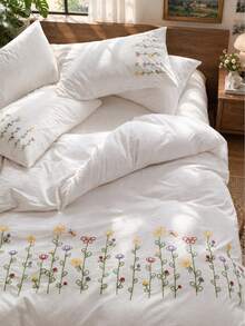 2/3pcs 100% Polyester Floral Embroidered Duvet Cover Set (Duvet Insert Not Included) - Soft & Lightweight Bedding (1 Duvet Cover + 1/2 Pillowcases), Cute Floral Embroidered Bedding, Suitable For Bedroom, Home Decor, All-Season Comfortable Bedding Set - White - View 1