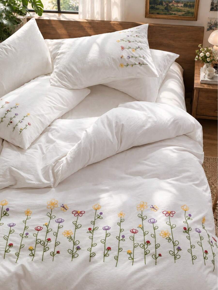 2/3pcs 100% Polyester Floral Embroidered Duvet Cover Set (Duvet Insert Not Included) - Soft & Lightweight Bedding (1 Duvet Cover + 1/2 Pillowcases), Cute Floral Embroidered Bedding, Suitable For Bedroom, Home Decor, All-Season Comfortable Bedding Set - White - View 1