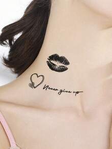 1pc Black Feather Lip Print Heart English Pattern Party Gift Holiday Gift DIY Music Festival Temporary Tattoo Sticker For Arm Shoulder Neck Collarbone Waterproof Body Skin Tattoo - Black - View 2