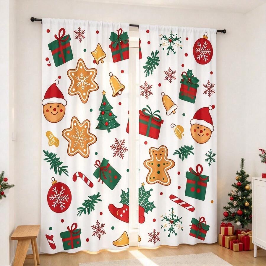 2pcs Christmas Gingerbread Man Curtains With Gingerbread, Gift Box, Bell And Snowflake Patterns, 2D Flat Print, Translucent, Pole Through Curtains - Multicolor - View 1