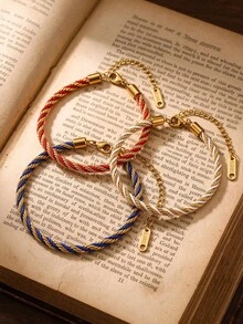 1pc 304 Stainless Steel Braided Rope Bracelet Gold Plated Color Twisted Cord Wrist Chain Waterproof Non Tarnish Daily Stackable Jewelry - Bracelet - View 6