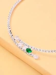outingfit 1 dây chuyền choker xương quai xanh thiết kế ngách hình rắn đính kim cương xanh sang trọng, phụ kiện thời trang đa năng - Bạc - Xem 4