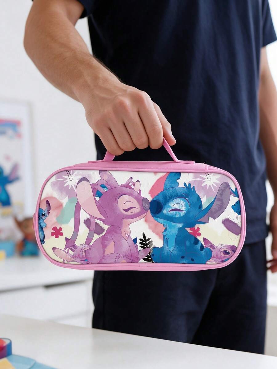 Disney 1PC Men's Stitch And Angel Print Handheld Pouch, Pink Zippered Bag With Carry Handle And Interior Mesh Pocket For Daily Essentials And Travel - Multicolor - View 1
