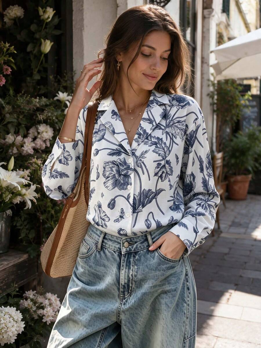 Women's Vintage Floral Print Button Front Notch Lapel Long Sleeve Shirt For Business, Office, Commute, Vacation, Holiday, Spring Fall Winter - Blue - View 1