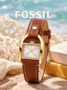 Women's Fossil ES5264 Analog Square Wrist Watch,Decorative Gold Buckle‑Shaped Case Frame,Brown Textured Band,Vintage Retro Daily Dress Wristwatch - one-size - View 1