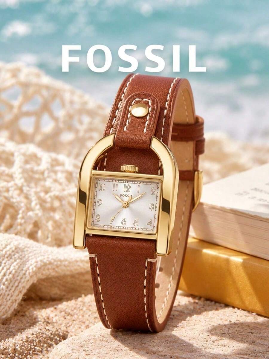 Women's Fossil ES5264 Analog Square Wrist Watch,Decorative Gold Buckle‑Shaped Case Frame,Brown Textured Band,Vintage Retro Daily Dress Wristwatch - one-size - View 1