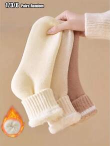 1/3/6 Pairs Women's Autumn/Winter Solid Color Fleece Lined Mid-Calf Socks, Ribbed Cuff Knit Socks, Multi-Color Versatile Daily Home Socks, Random Color Shipment - Multicolor - View 7