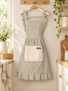 1PC Personalized Custom Embroidered Ruffle Apron, Striped Cooking Bib With Patch Pocket And Back Tie, Custom Name Kitchen Wear For Baking Crafting Gardening Housework, Memorable Holiday Gift For Family - Multicolor - View 12