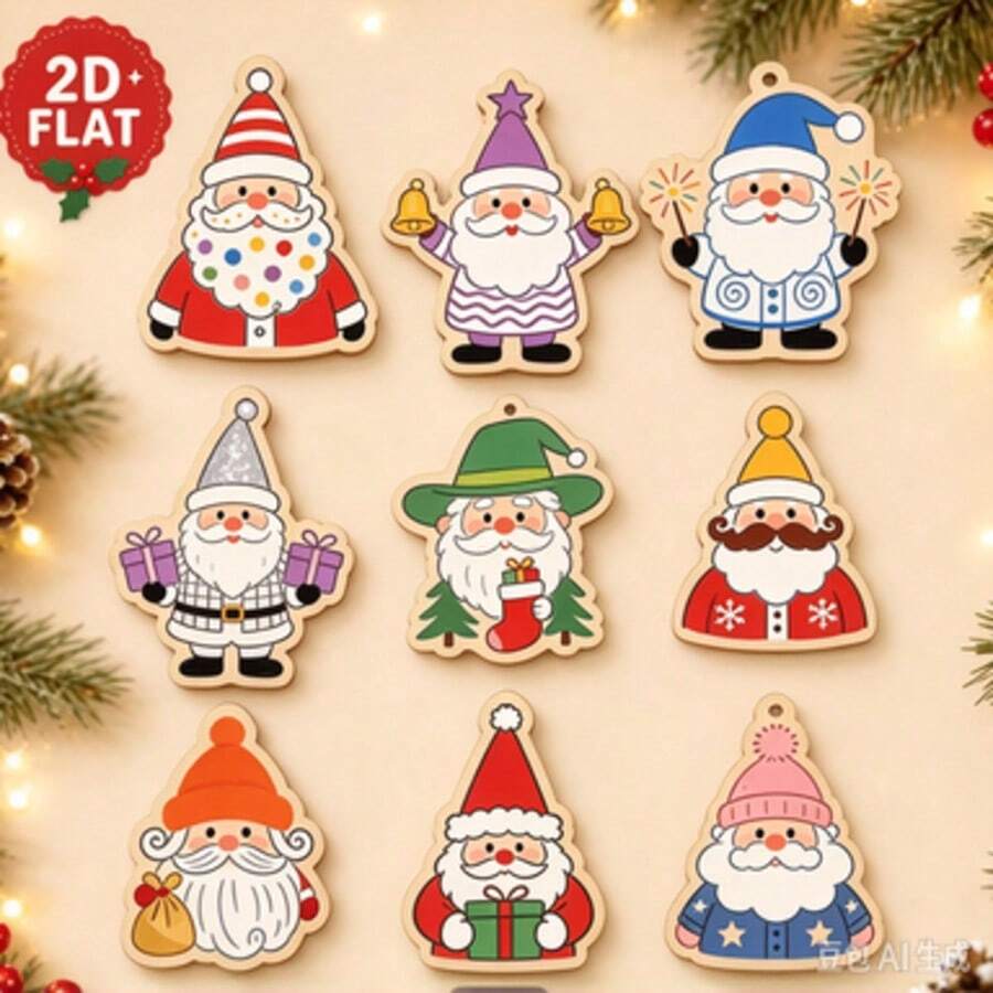 9pcs 2D Flat Wooden Santa Claus Hanging Ornaments, Cartoon Painted Wooden Slice Pendant Decor For Christmas Tree - Multicolor - View 1