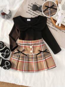 2pcs Baby Girl Cute Peter Pan Collar Ribbed Long Sleeve Top & Plaid Brushed Skirt Set, Thin Spring/Autumn - Black - View 1