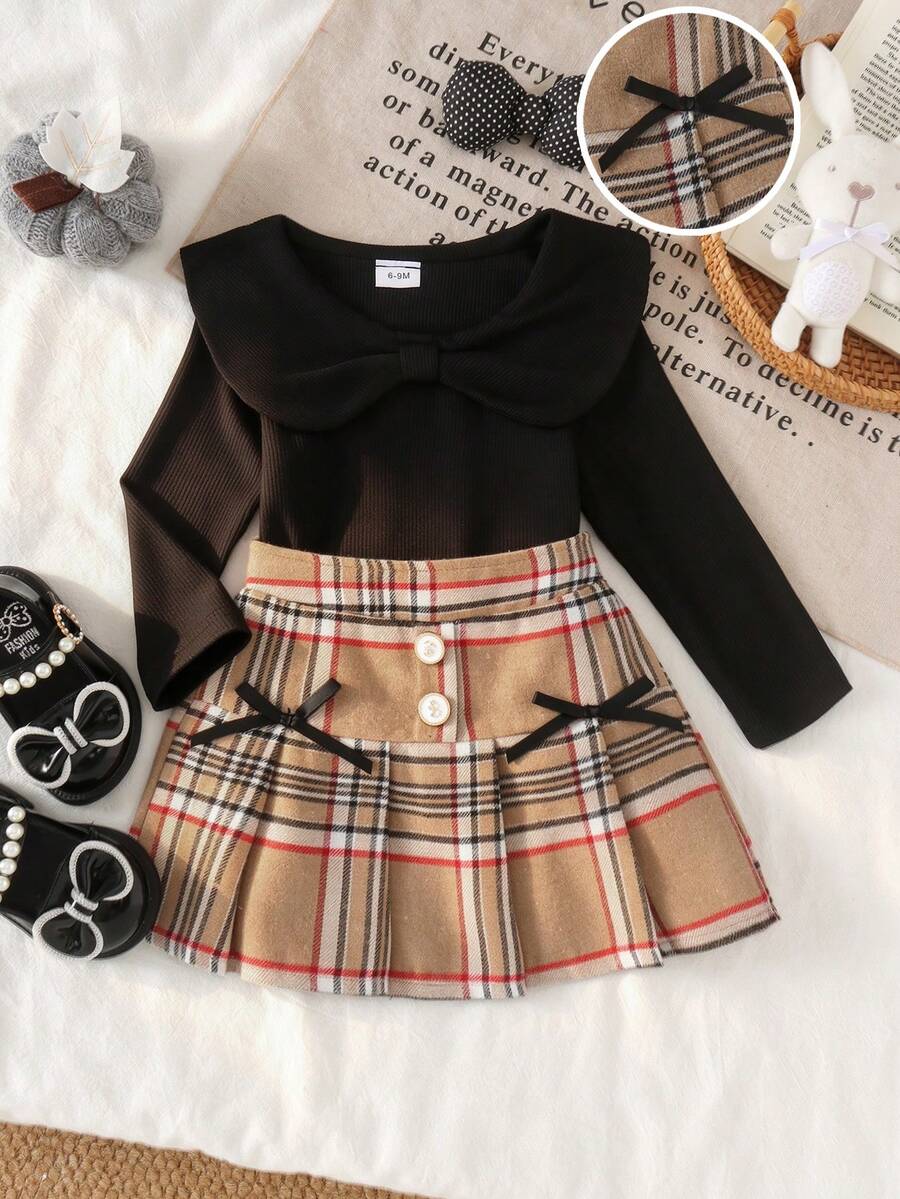 2pcs Baby Girl Cute Peter Pan Collar Ribbed Long Sleeve Top & Plaid Brushed Skirt Set, Thin Spring/Autumn - Black - View 1