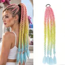 24-Inch 80gMacaron Ombre Braided Ponytail With Tinsel, Elastic Tie Multiple Box Braids Hair Extensions, Colorful Braided Hair Piece For Festival Vacation - Multicolor - View 8