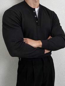 Vintage Henley Collar Knitted Sweater Men's Autumn/Winter Black 3-Button Half-Placket Simple Long Sleeve Inner Layer Knit Top - Black - View 5