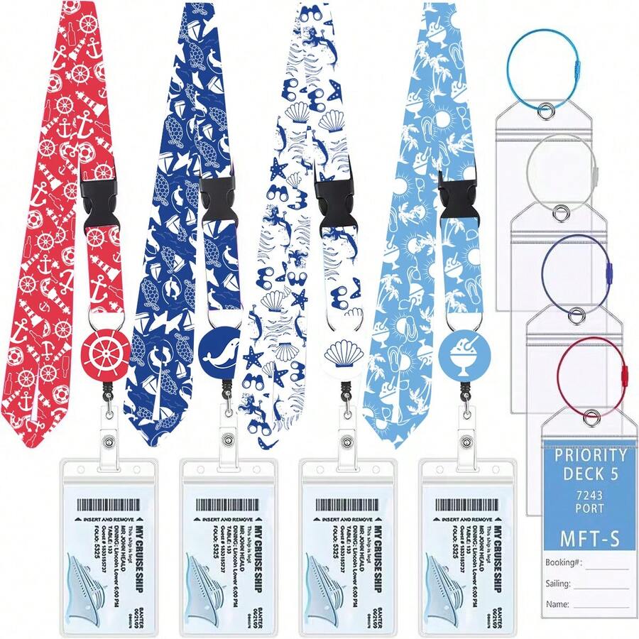 Nautical Beach Print Halter Lanyard, Cruise Ship ID Card Holder, Anchor Shell Palm Tree Pattern Travel Work Student Badge Holder - 4-piece Ocean Style - View 1