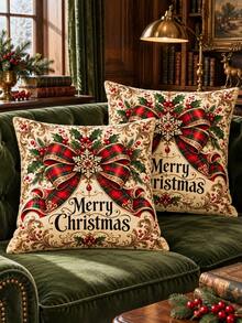 shangxia 2 cái vỏ gối sofa họa tiết in chữ Merry Christmas và nơ kẻ caro đỏ phong cách vintage, trang trí lễ Giáng sinh (không kèm ruột gối) - Nhiều màu - Xem 6