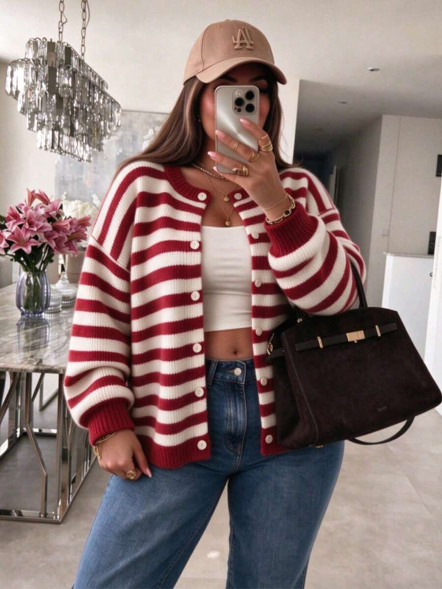 Women's Plus Size Fuzzy Knit Striped Cardigan, Comfortable Autumn/Winter Round Neck Long Sleeve Button Front Sweater, Dropped Shoulder Design, Regular Length. Red And Beige Striped Contrast Color, Full Of Vitality, Autumn/Winter Daily Wear, Simpleoutfit, Winterfashion, Falloutfits, Highfashion - Red - View 1