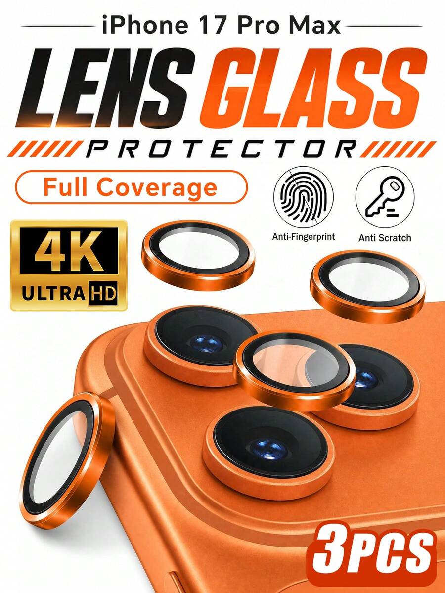 3入裝(橘色)相機鏡頭保護貼,適用 17 Pro Max/17 Pro 2026,升級防護:防碎裂、9H 鋼化玻璃、HD 高清晰度、1:1 隱形貼合 - 橘色 - 查看 1