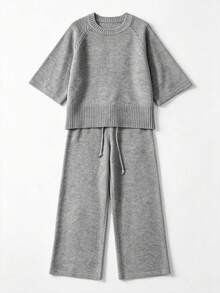 Women's Gray Crew Neck Raglan Three Quarter Sleeve Knit Sweater & Drawstring Wide Leg Pants Two Pieces Set, Casual Cozy Fall Winter Daily Wear - Grey - View 9